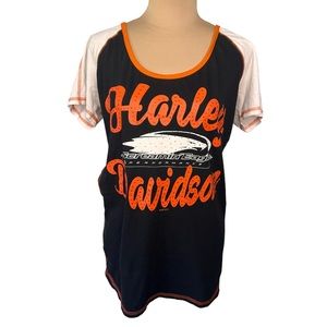 Harley Davidson Women’s Logo T-Shirt Size L Black Colorblock Scoop Neck